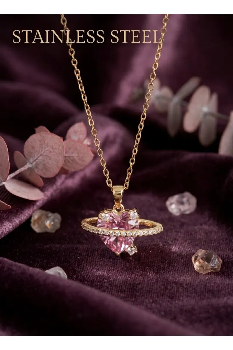 316L Çelik Gold Renk Zincir Pembe Kristal Kalp Model Zirkon Taş Detay Kolye