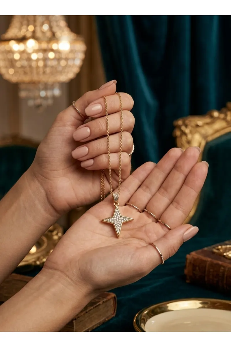 316L Çelik Zincir Gold Renk Kutup Yıldızı Model Zirkon Taşlı Kolye