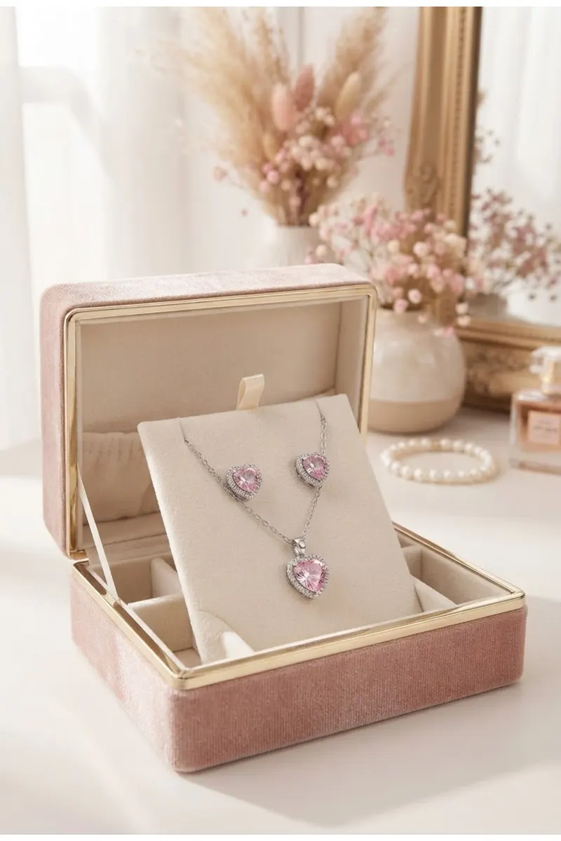 316L Çelik Zincir Gümüş Renk Pembe Zirkon Taşlı Kalp Model Kolye Küpe Set