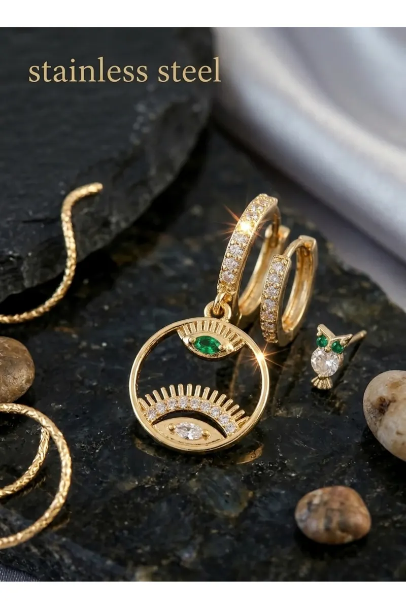 Pirinç Zirkon Taşlı Göz ve Baykuş Model Gold Renk 3'lü Küpe Set