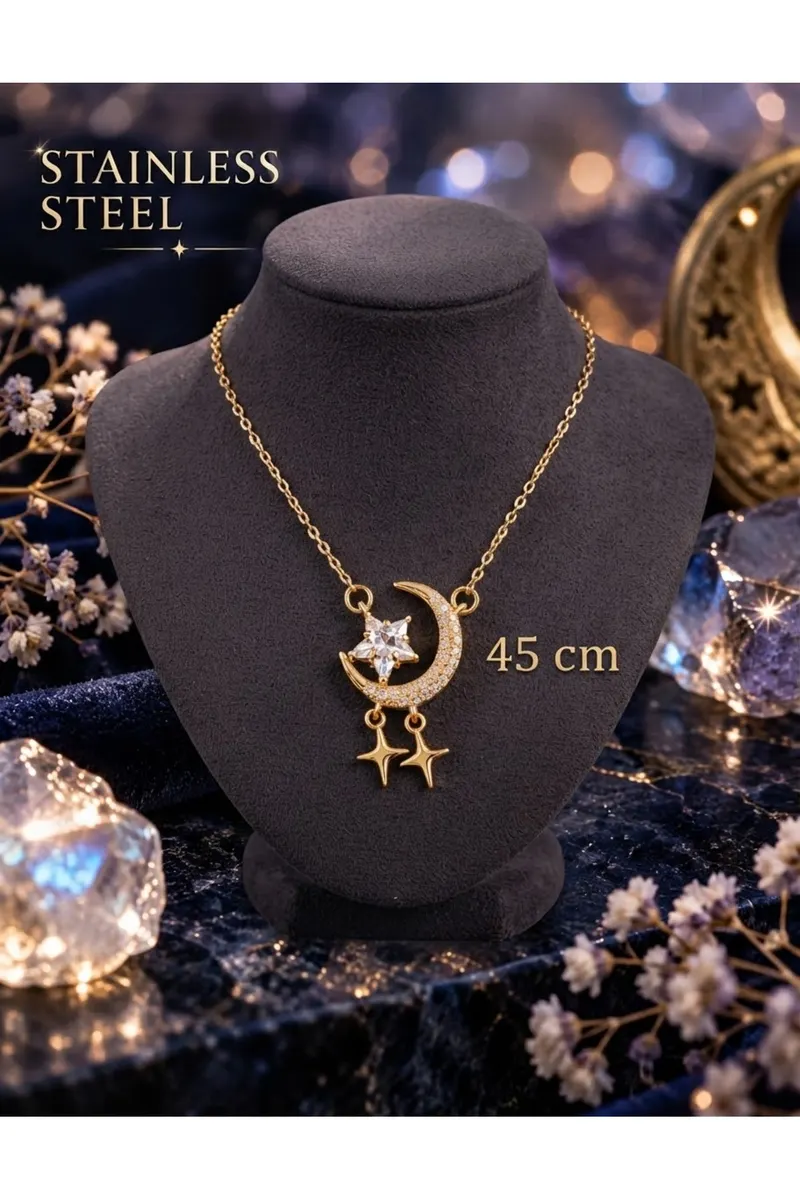 316L Çelik Zincir Gold Renk Zirkon Taşlı Hilal Yıldız Model Kolye