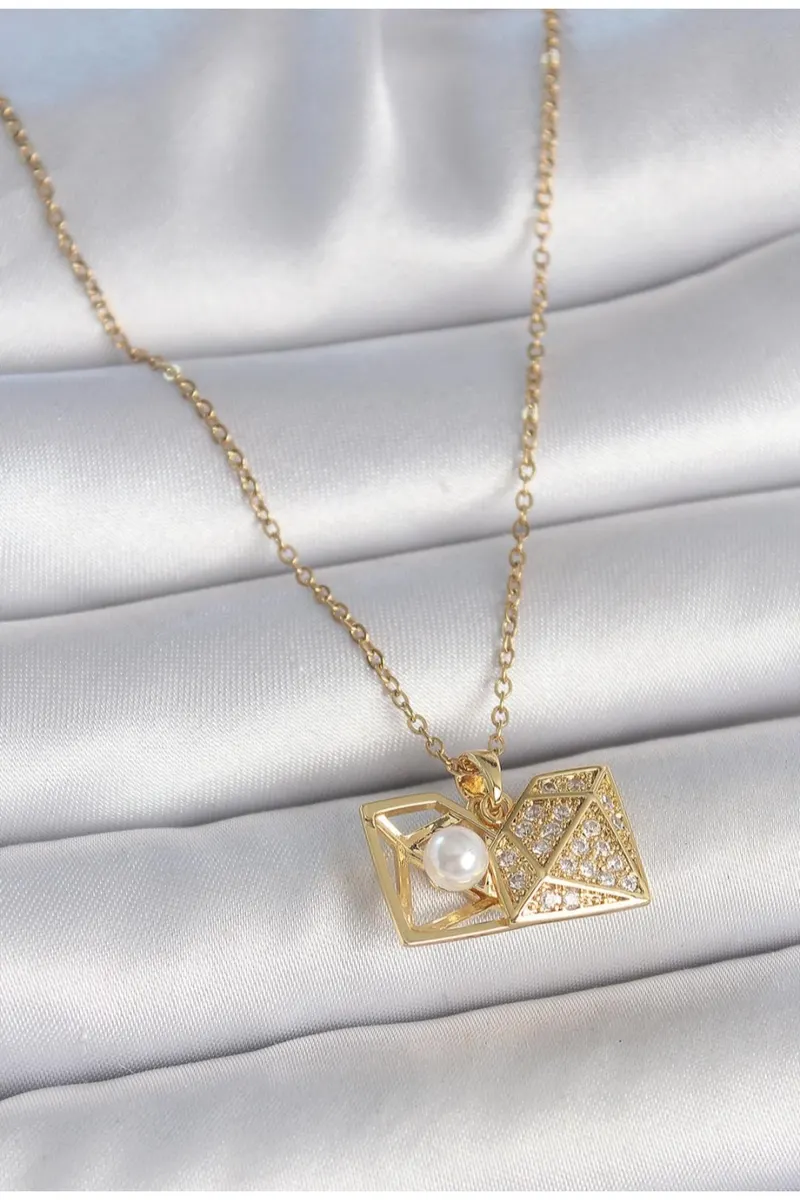 316L Çelik Gold Renk Zirkon Taşlı Açılır İncili Elmas Kolye