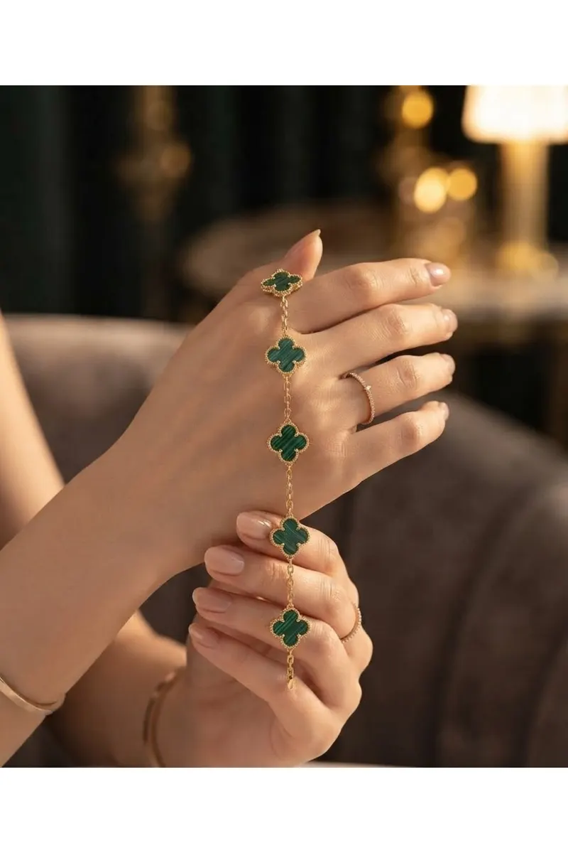 316L Çelik Zincir Gold Renk Çizgili Yeşil Mineli Çelik Bileklik
