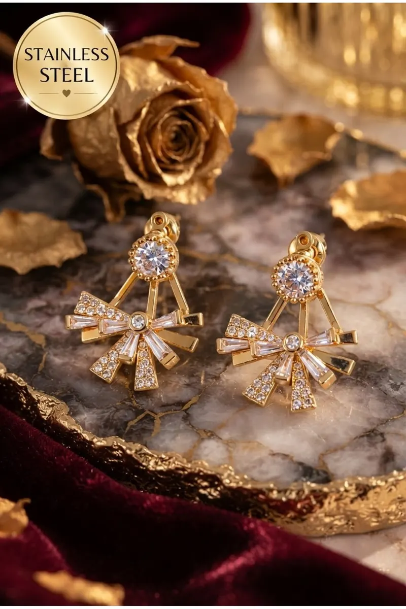 Pirinç Gold Renk Zirkon Taşlı Yassı Fiyonk Model Küpe