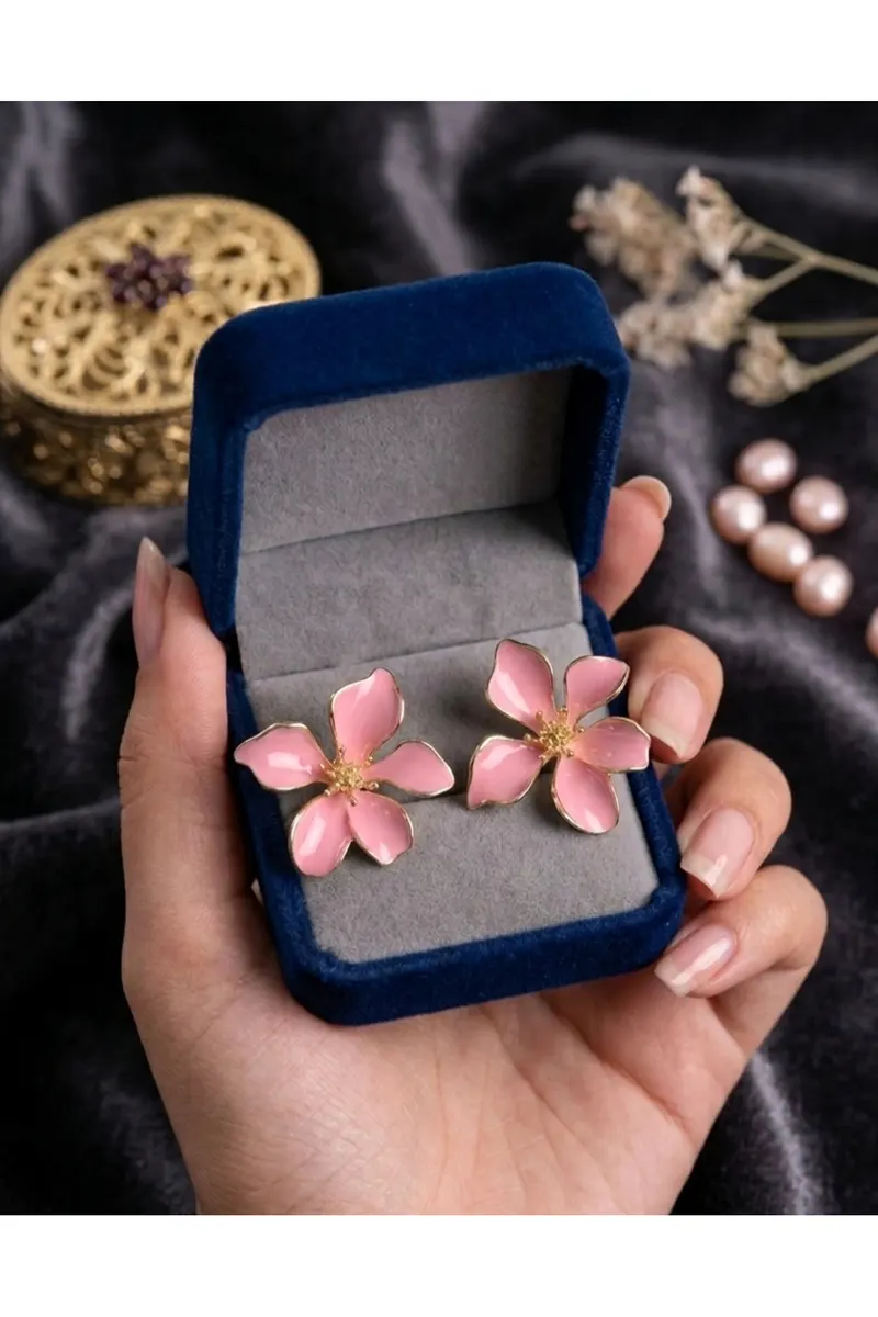 Pembe Mineli Çiçek Model Altın Kaplama Pirinç Küpe