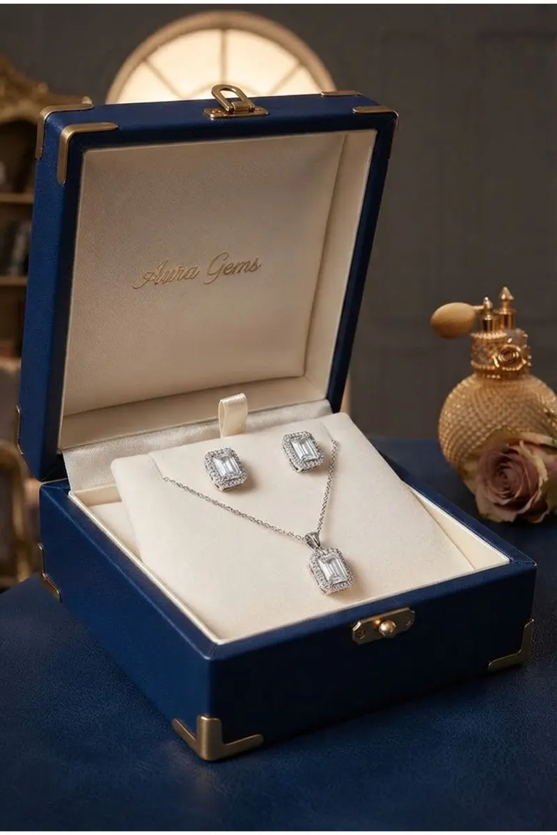 316L Çelik Zincir Gümüş Renk Zirkon Taşlı Kare Baget Model Kolye Küpe Set