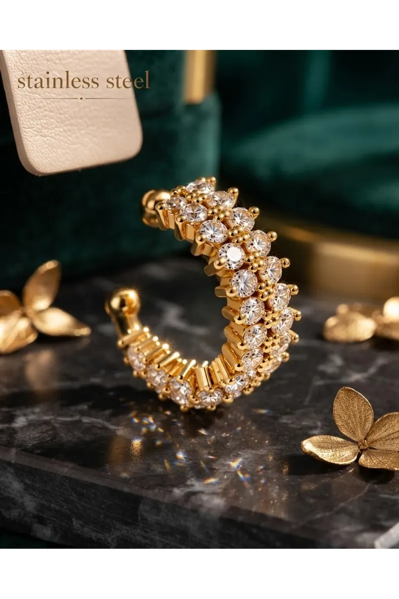 Gold Renk 1 Adet İki Sıralı Taşlı Tek Sıkıştırmalı Kıkırdak Çelik Küpe
