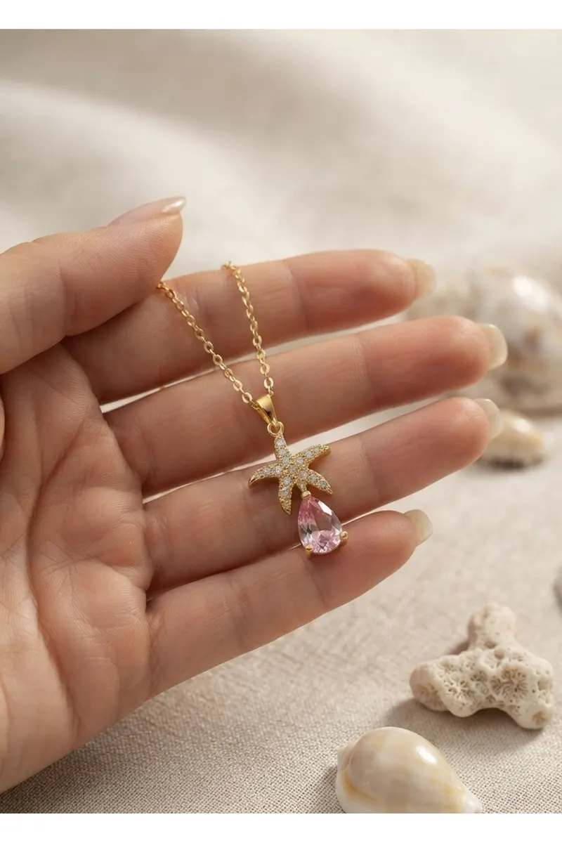 316L Çelik Zincir Gold Renk Yıldız Model Pembe Damla Taş Detay Kolye