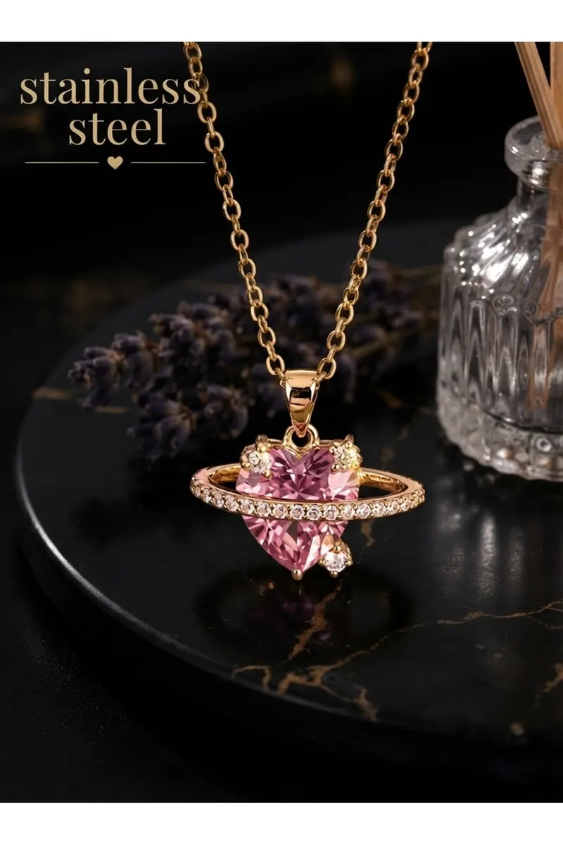 Gold Renk Zincirli Gül Pembe Kalp Motifli Çelik Kolye