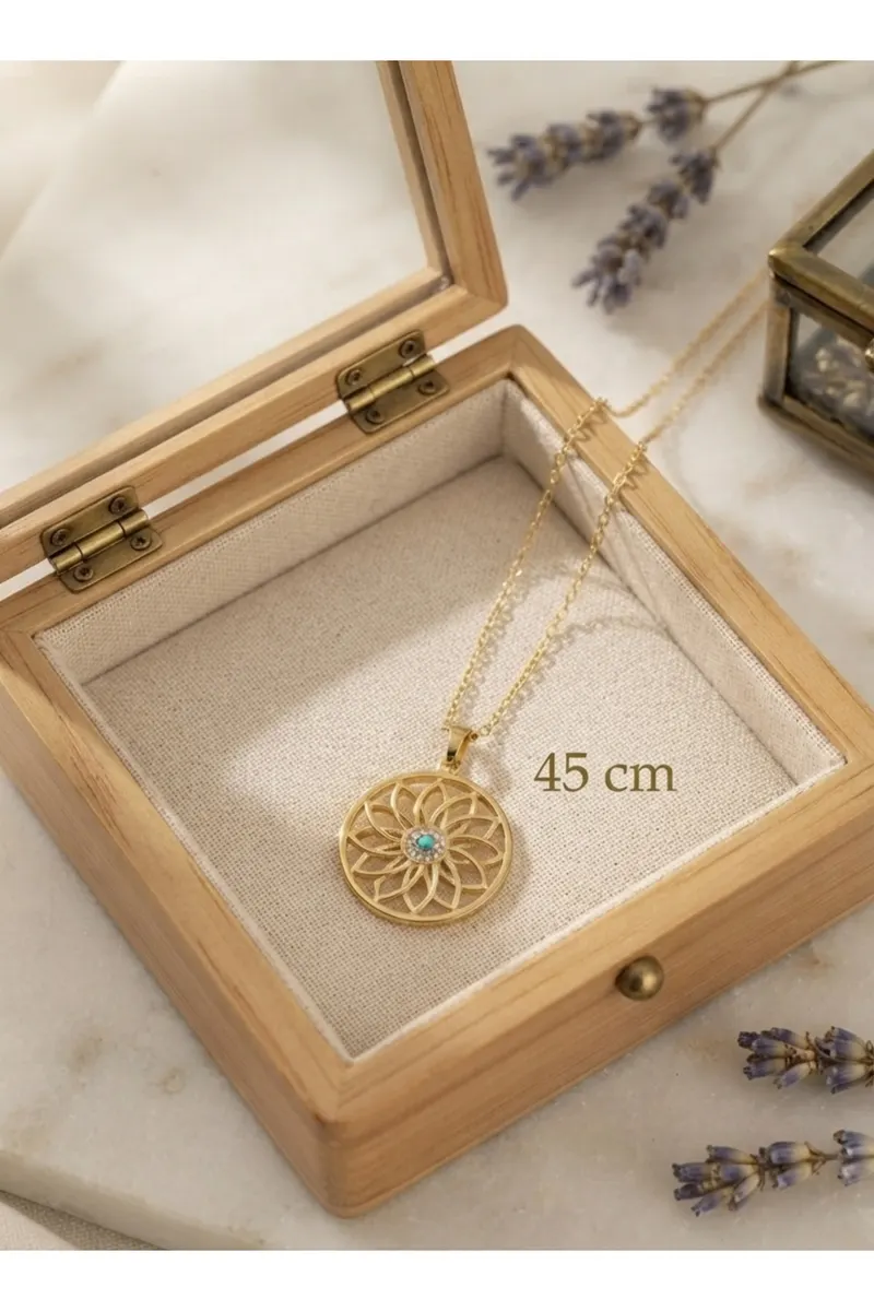 316L Çelik Zincir Gold Renk Mavi Taşlı Lotus Model Kolye