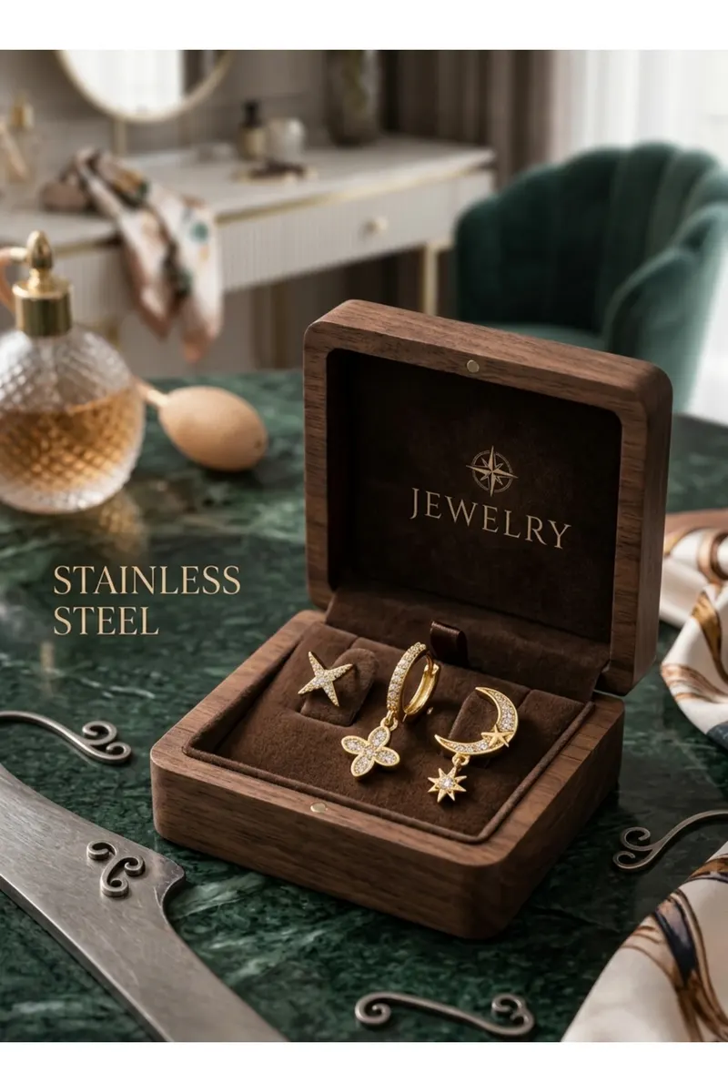 Pirinç Zirkon Taşlı Çiçek ve Ay Model Gold Renk 3'lü Küpe Set