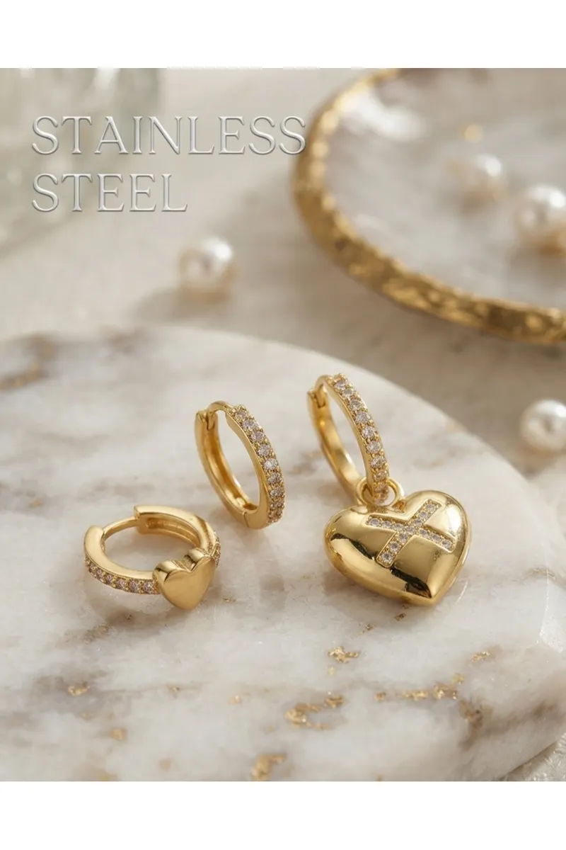 Pirinç Zirkon Taşlı Kalp Model Gold Renk 3'lü Küpe Set