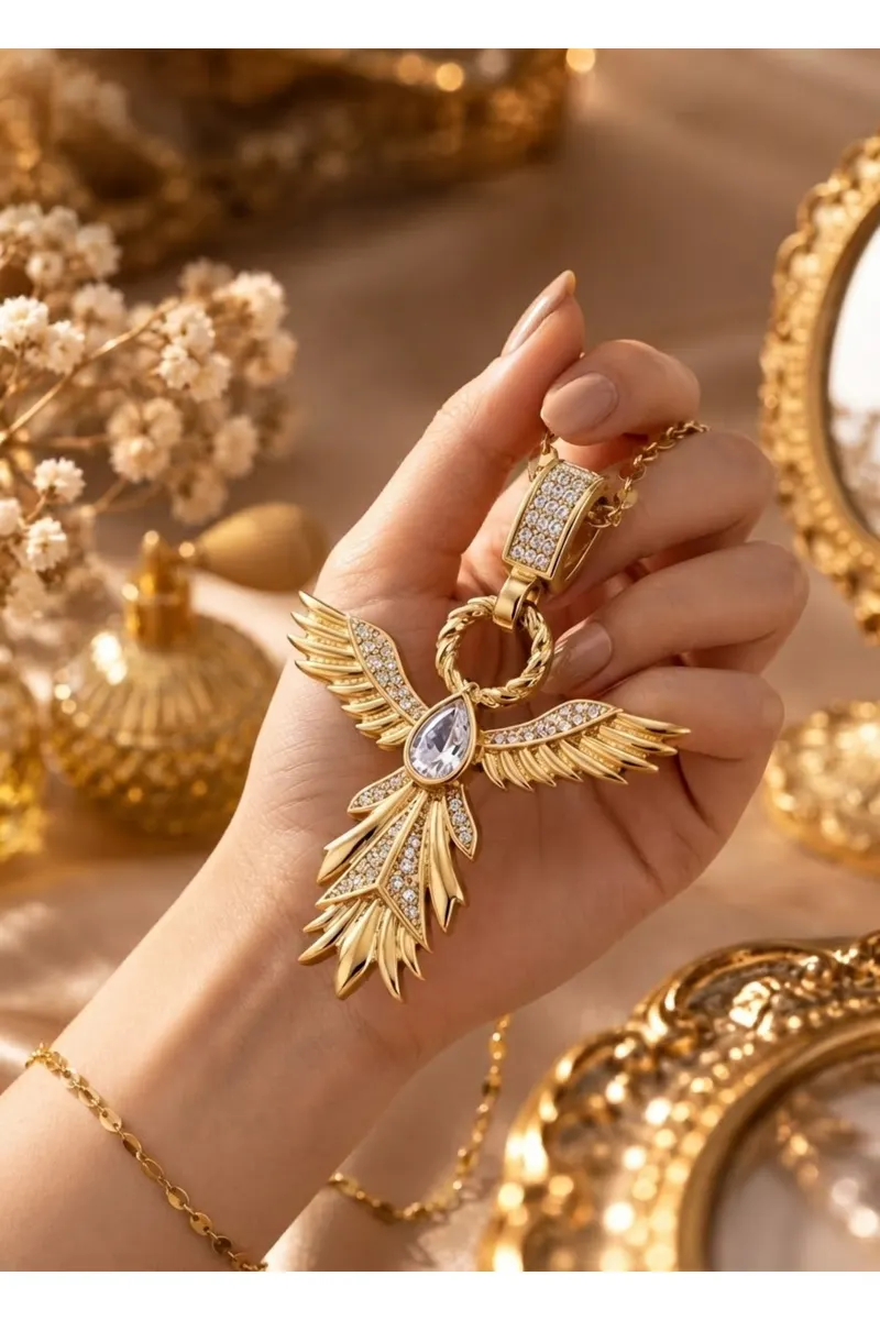 Vip 18k Altın Kaplama Feniks Model Çelik Kolye
