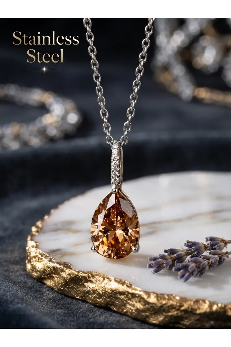 Gümüş Renk Zincirli Amber Damla Model Çelik Kolye