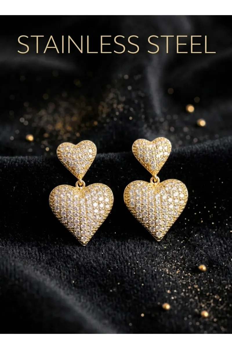 Gold Renk Zirkon Taşlı Kalp Model Küpe