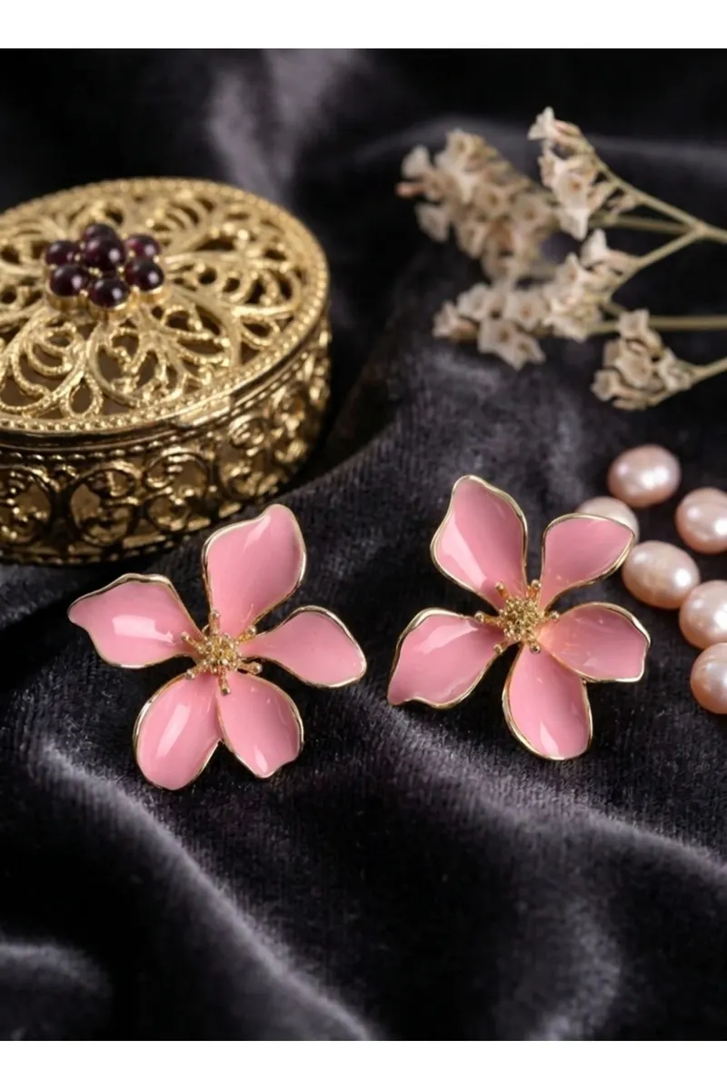 Pembe Mineli Çiçek Model Altın Kaplama Pirinç Küpe