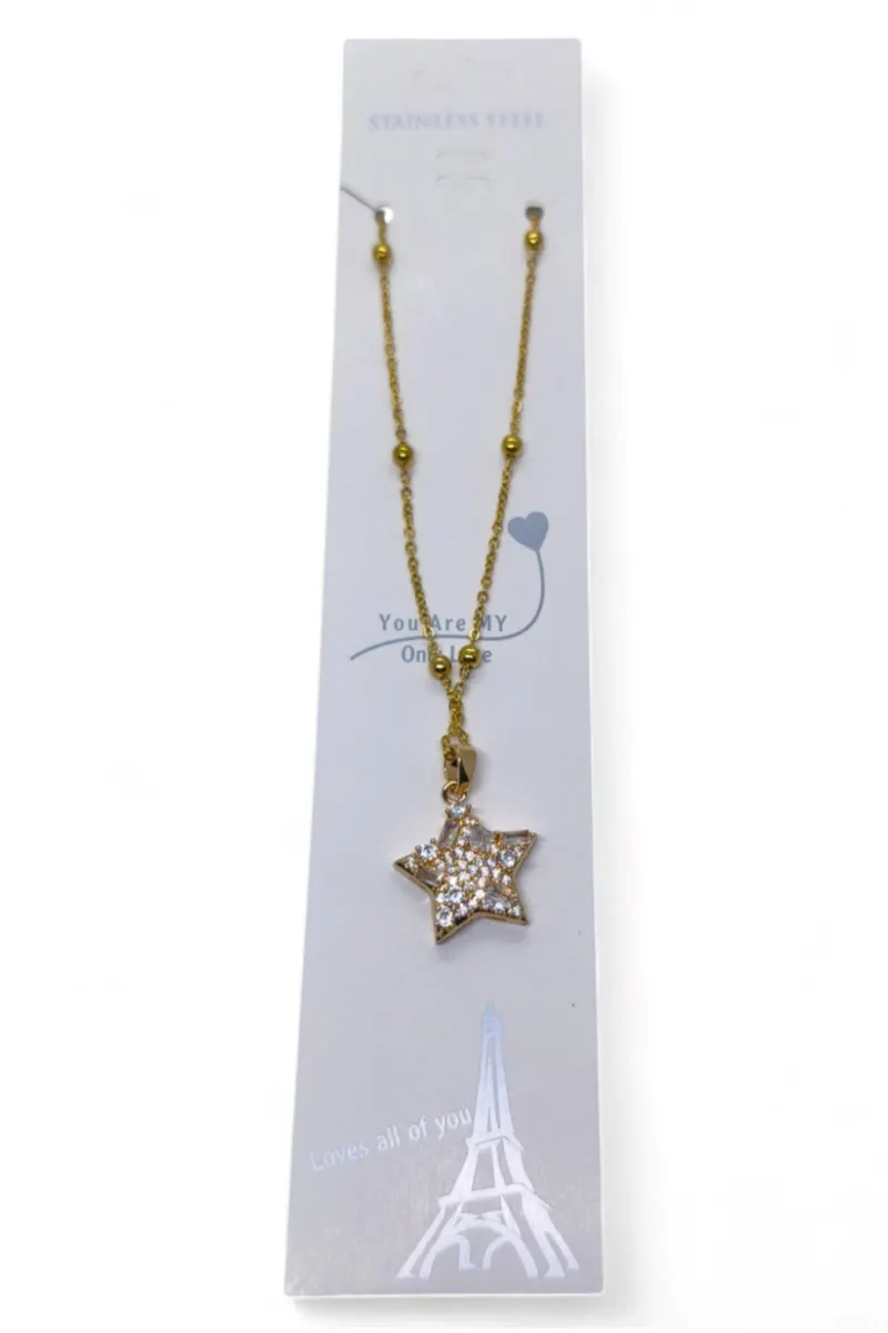 Gold Renk Yıldız Motif Top Zincir Çelik Kolye