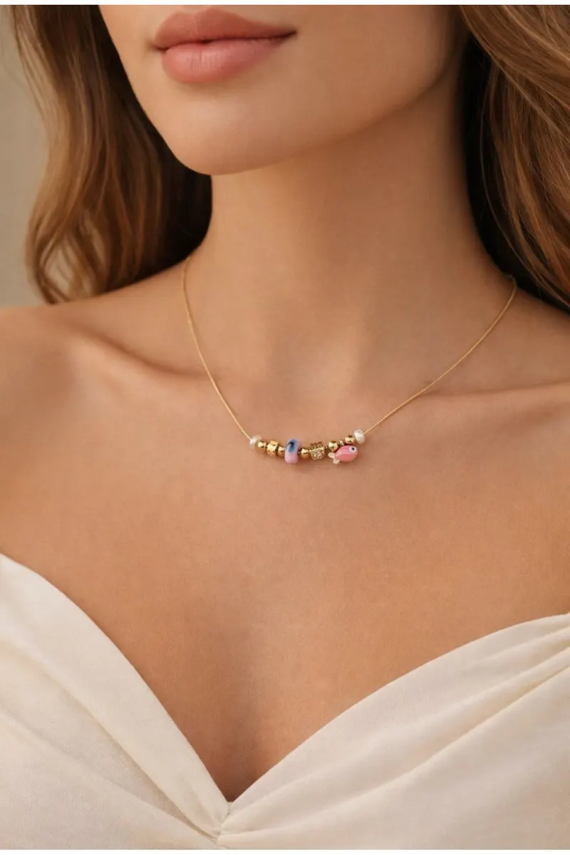 Gold Renk Pembe Mineli Balık Motif Zirkon Çelik Kolye