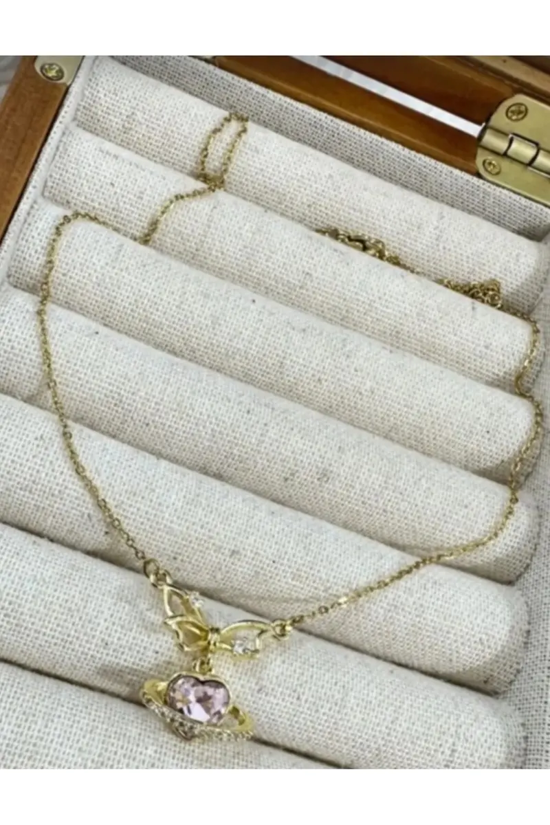 Gold Renk Zincirli Gül Pembe Taş Kalp Motifli Çelik Kolye