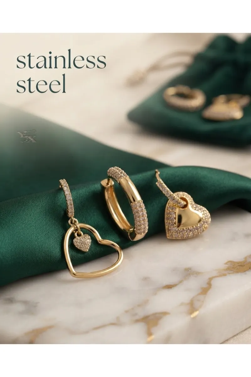 Pirinç Zirkon Taşlı Kalp Model Gold Renk 3 Adet Küpe Set