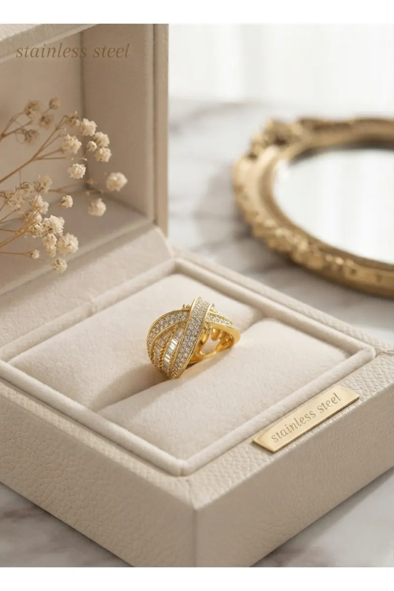 Pirinç Gold Renk Ayarlanabilir Zirkon Taşlı X Model Yüzük