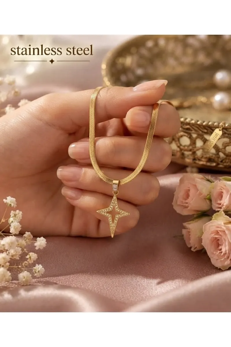 316L Çelik İtalyan Zincir Gold Renk Kutup Yıldızı Model Kolye