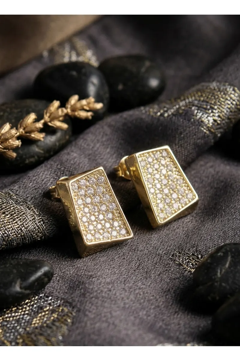 Vip Pirinç Gold Renk Zirkon Taşlı Altın Kaplama Plaka Model Küpe