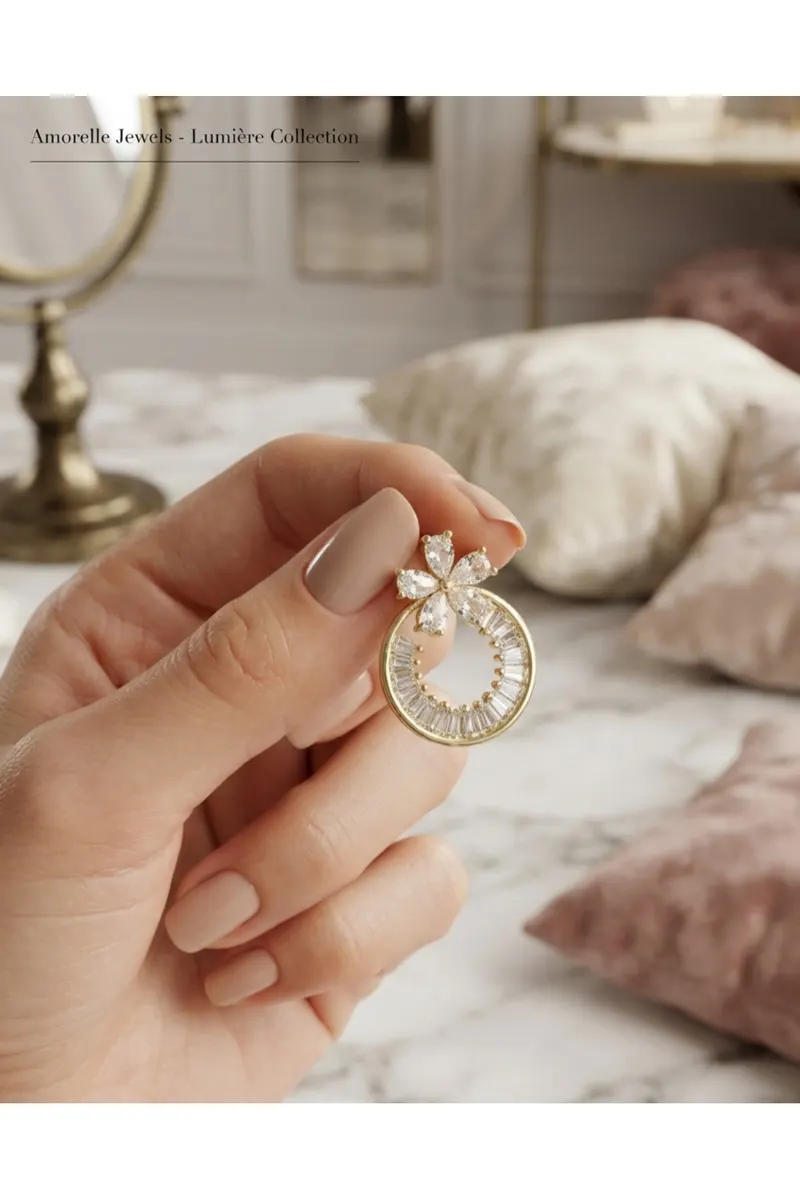 Pirinç Gold Renk Zirkon Taşlı Halka Model Çiçek Figür Küpe