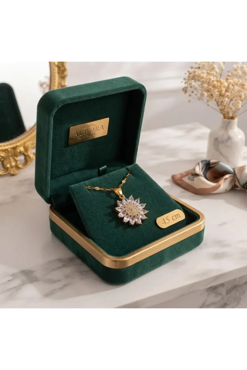Gold Renk Titanyum Altın Kaplama Ayçiçeği Model Çelik Kolye