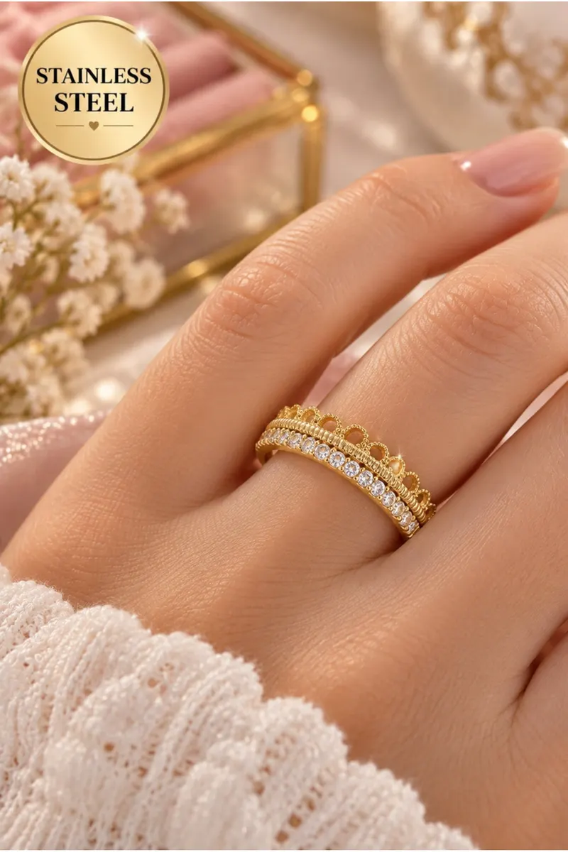 Gold Renk Motif Desenli Zirkon Taşlı Ayarlanabilir Çelik Yüzük