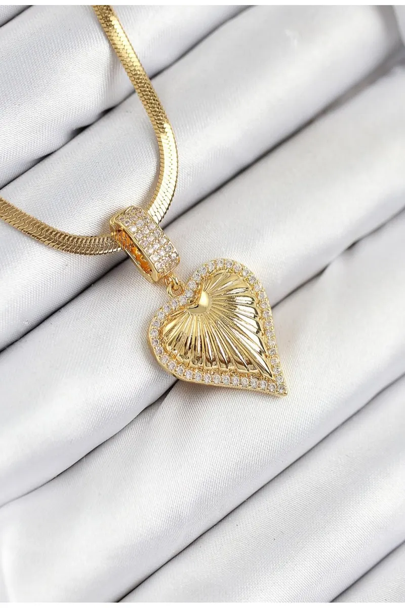 316L Gold Renk Çelik Zirkon Taşlı Kalp Model Kolye