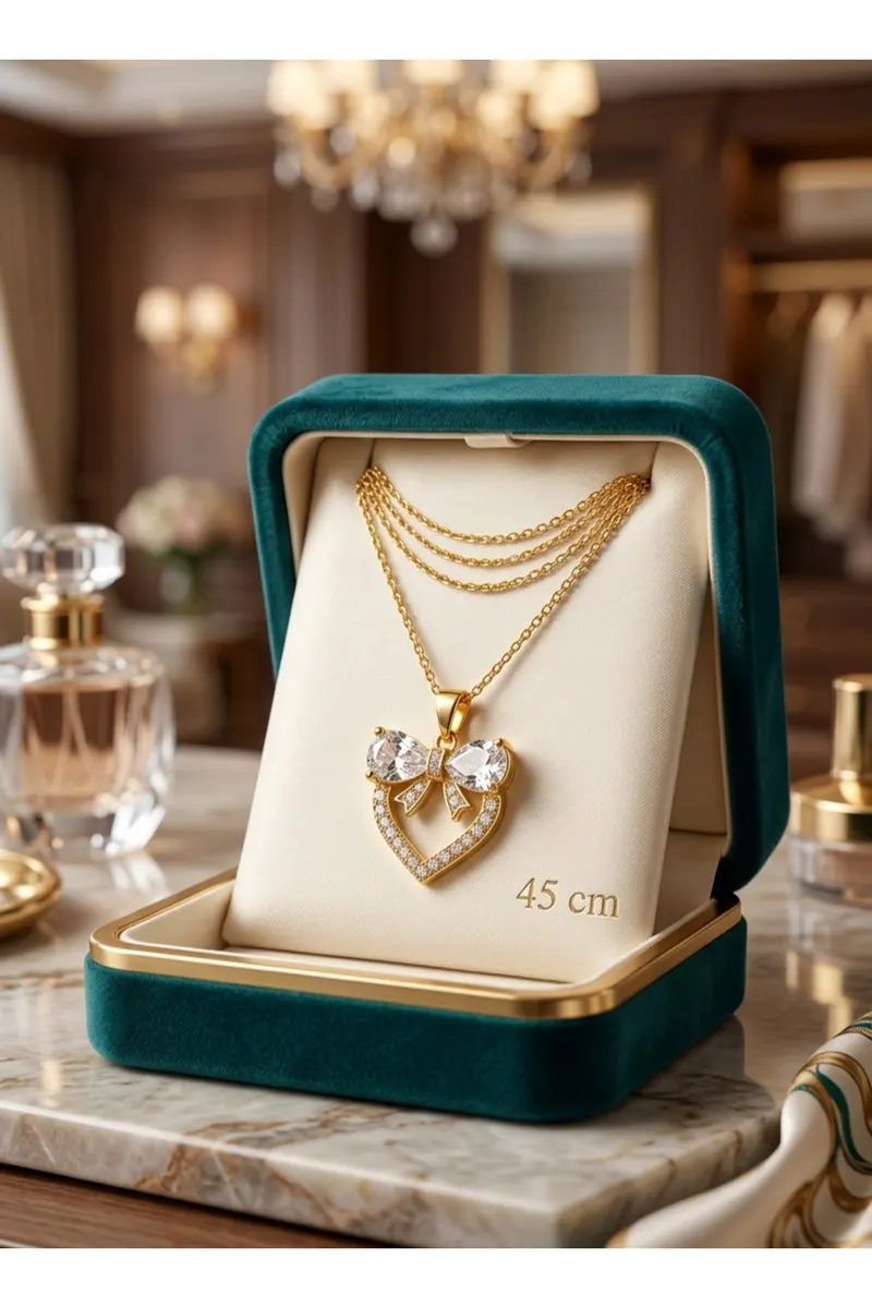 316L Çelik Zincir Gold Renk Kalp ve Fiyonk Model Zirkon Taşlı Kolye