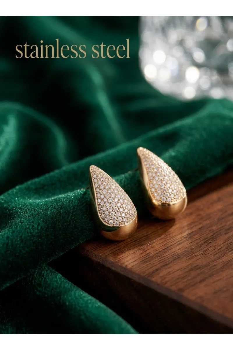 316L Çelik Gold Renk Zirkon Taşlı Damla Model Küpe