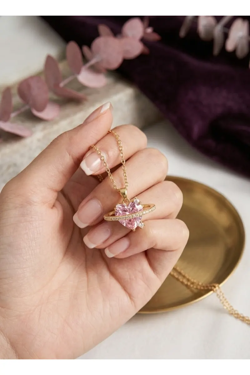 316L Çelik Gold Renk Zincir Pembe Kristal Kalp Model Zirkon Taş Detay Kolye