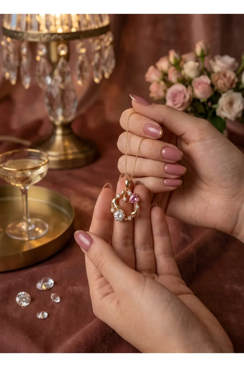 316L Çelik Zincir Gold Renk Pembe Taş Detaylı Çelenk Model Kolye