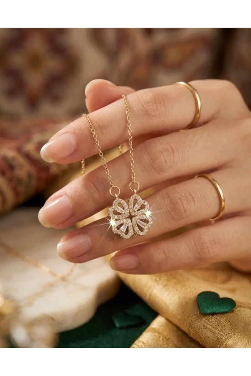 316L Çelik Zincir Gold Renk Açılır Zirkon Taşlı Yonca Model Kolye