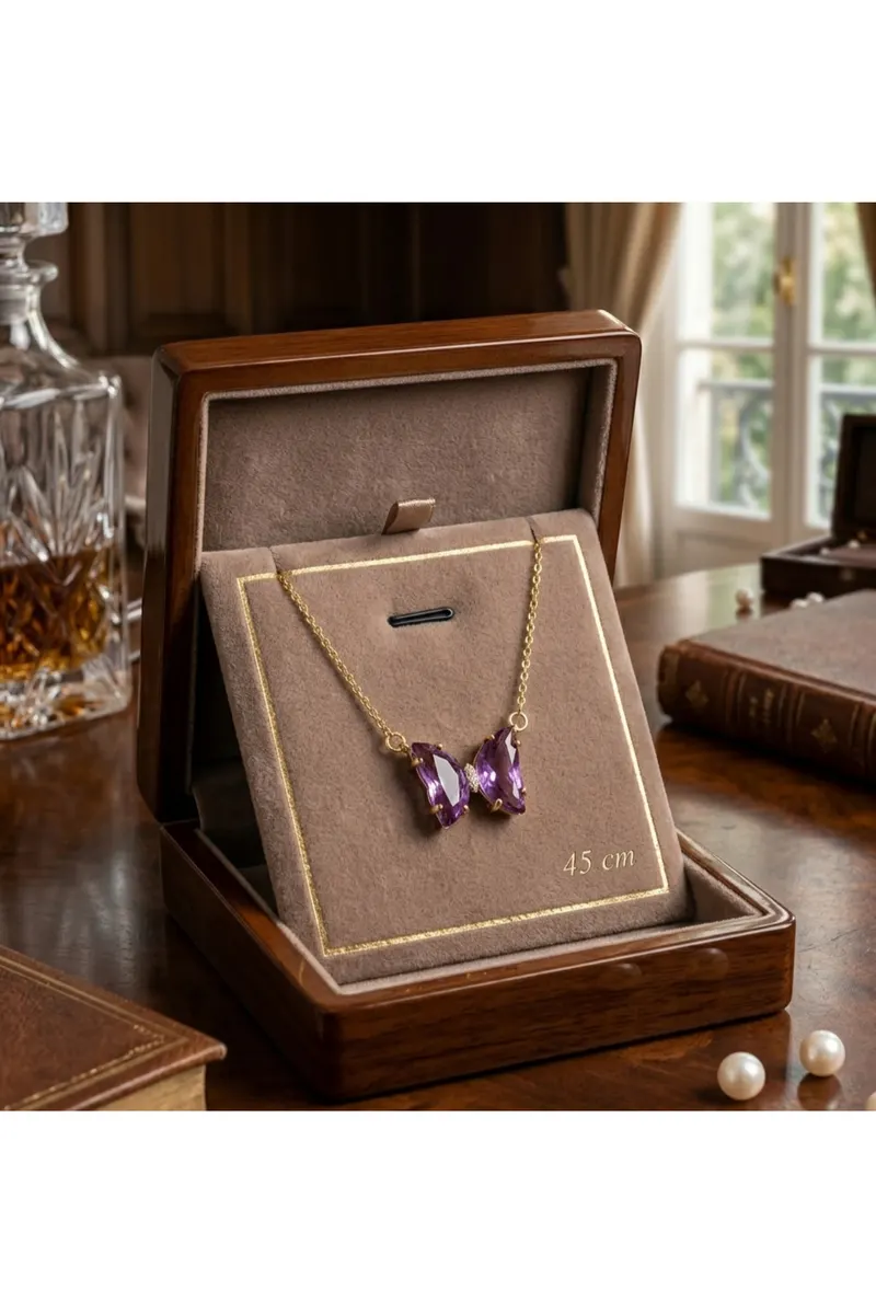 Gold Renk Zincirli Lila Taş Kelebek Model Kararmaz Çelik Kolye