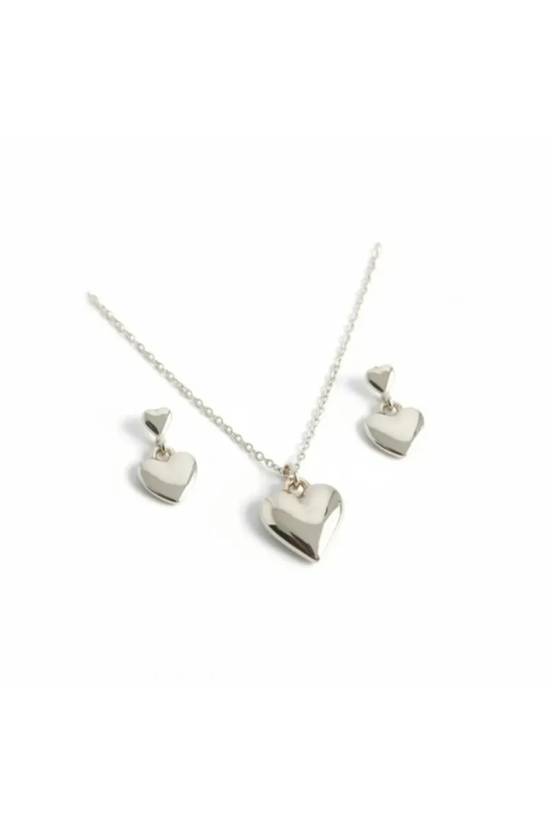 Gümüş Renk Çelik Minimal Kalp Kolye Küpe Set
