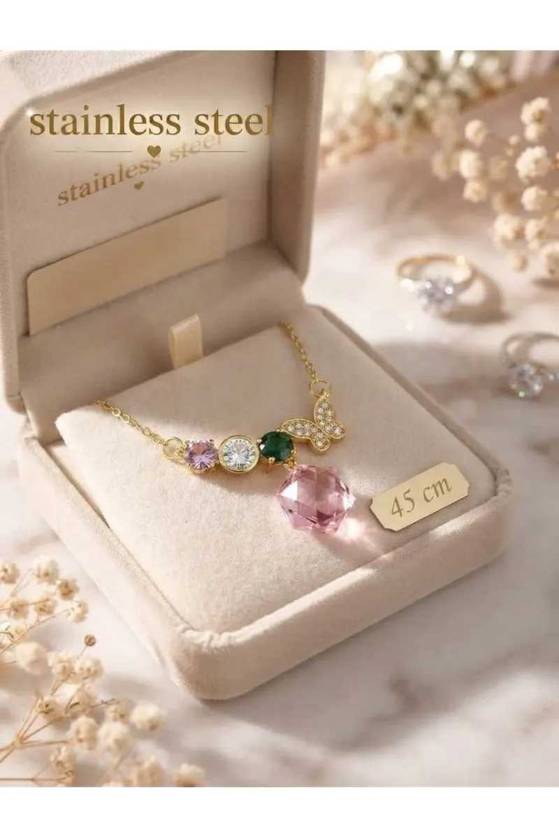 Gold Renk Zincirli Kelebek Pembe Taş Motifli Kolye