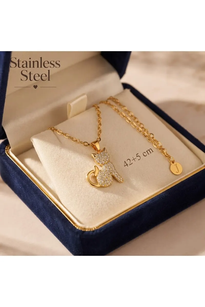 Gold Renk Zirkon Taşlı Kedi Figürlü Çelik Kolye