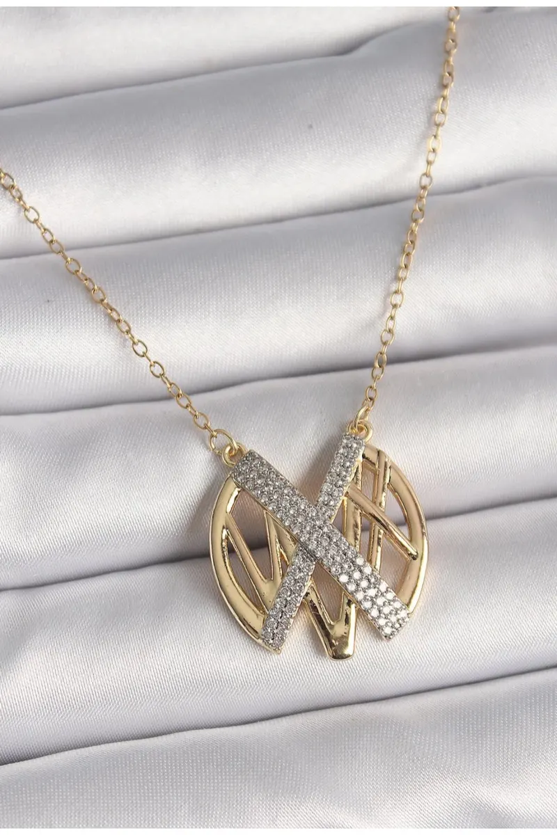 316L Gold Renk Çelik Zirkon Taşlı Vintage Model Kolye
