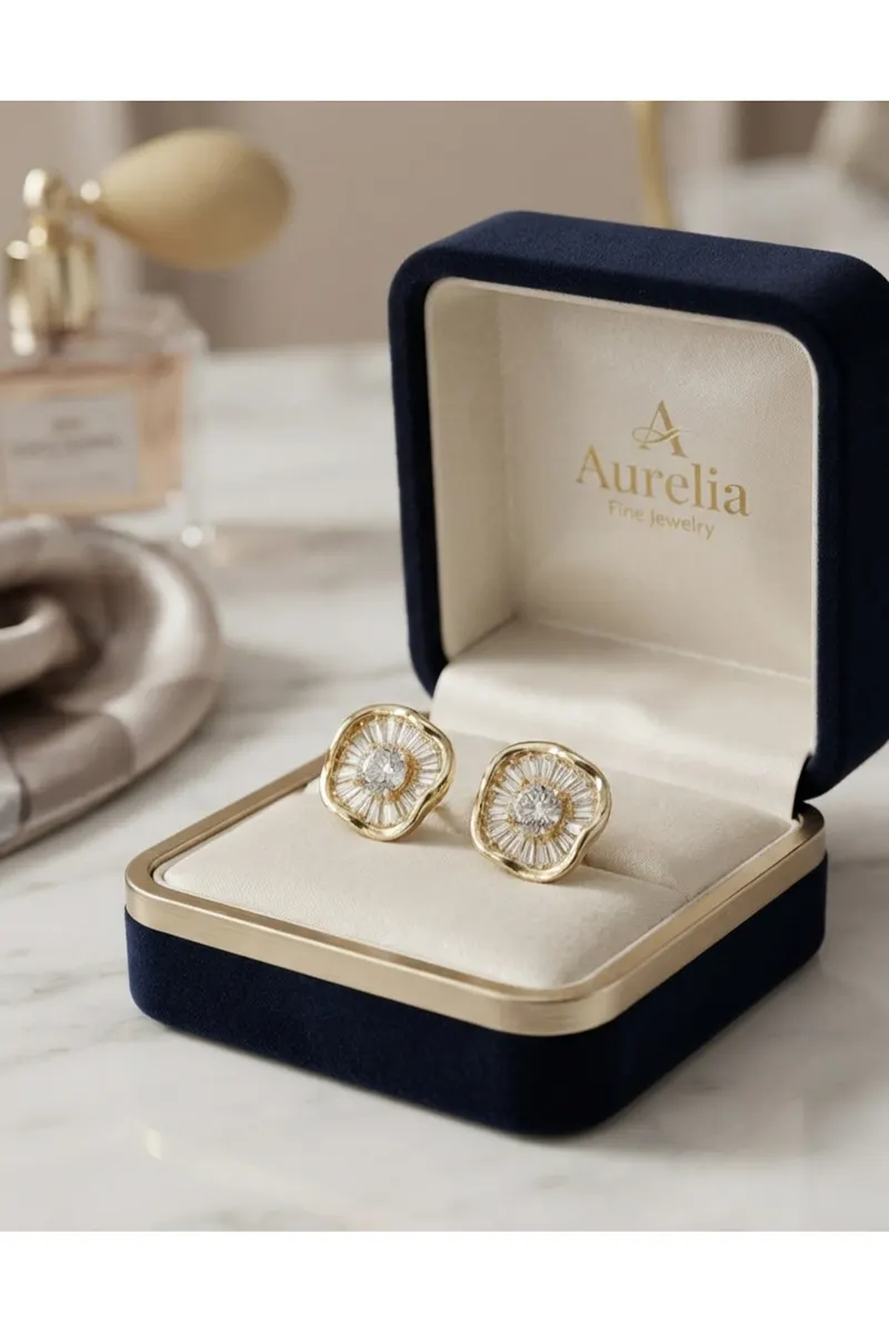 Pirinç Gold Renk Zirkon Taşlı Yonca Model Küpe