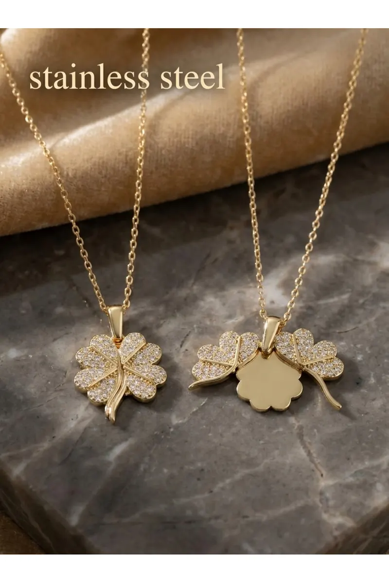 316L Çelik Gold Renk Açılabilir Yonca Model Zirkon Taşlı Kolye