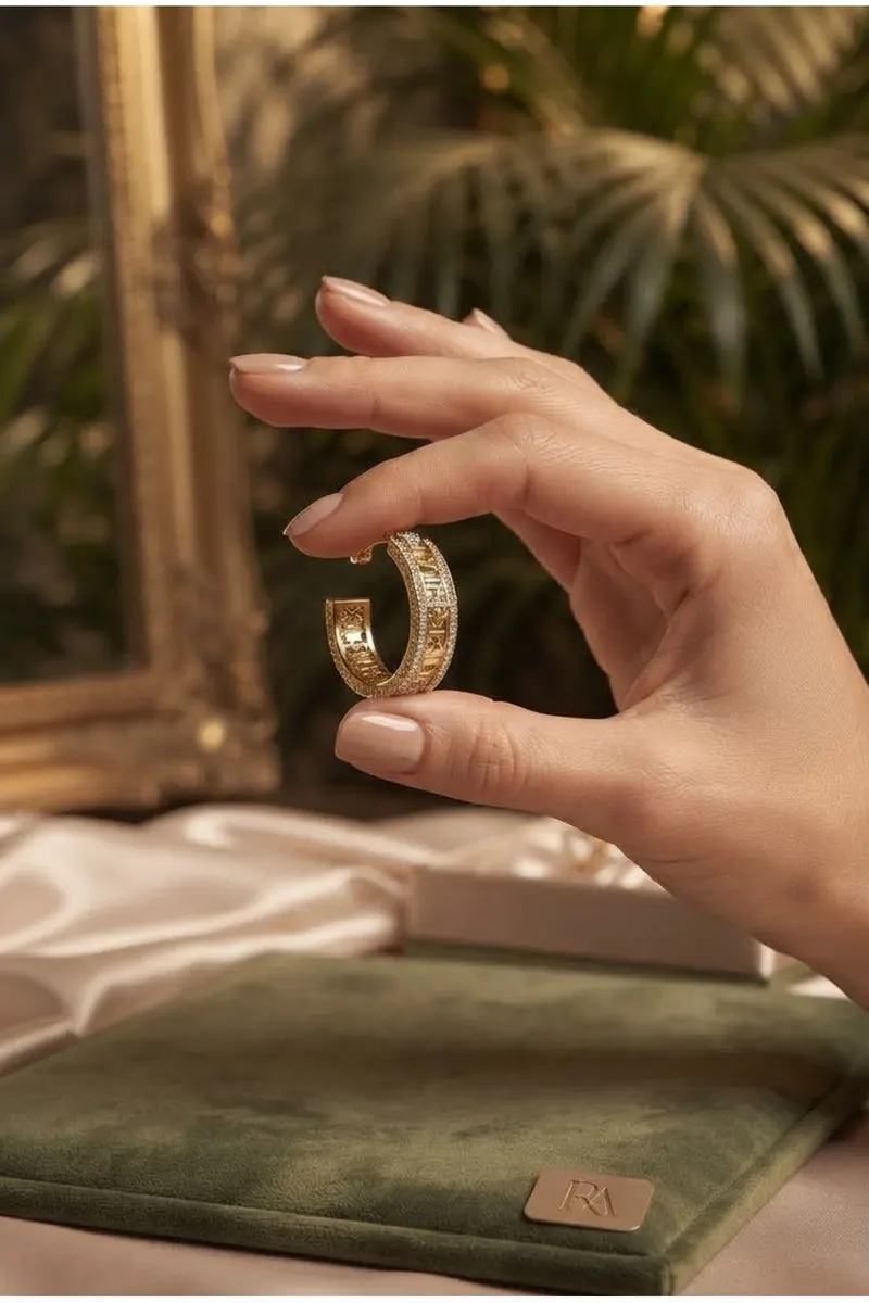 Pirinç Gold Renk Zirkon Taşlı İşleme Detay Halka Model Küpe