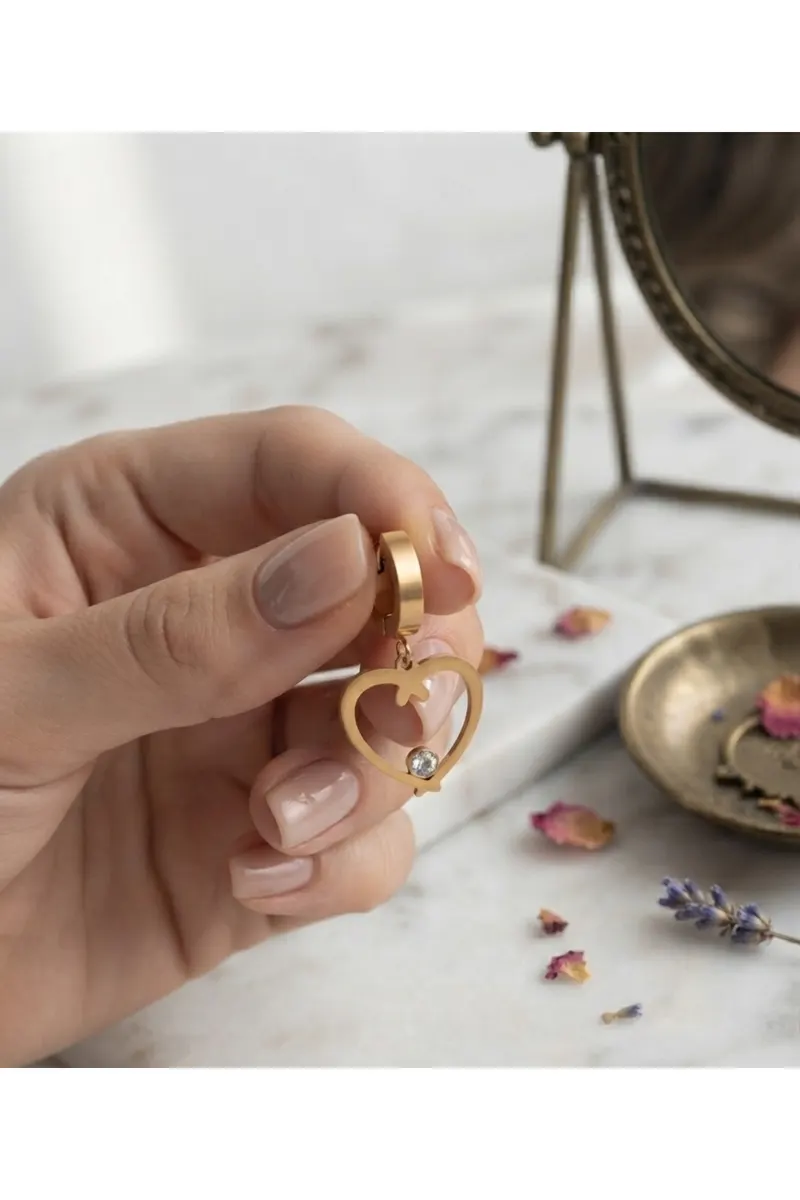 316L Çelik Gold Renk Kalp Model Zirkon Taş Detay Küpe