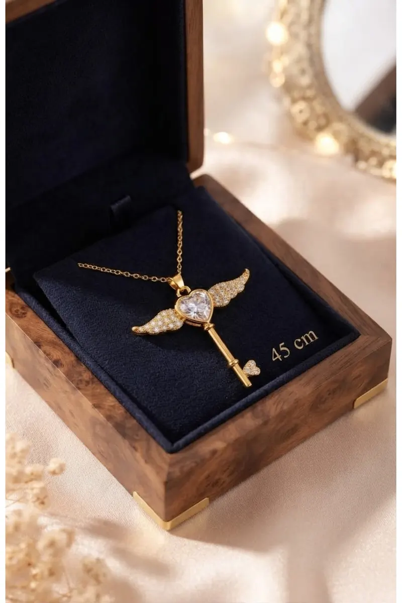 316L Gold Renk Kalp Anahtar Model Çelik Kolye