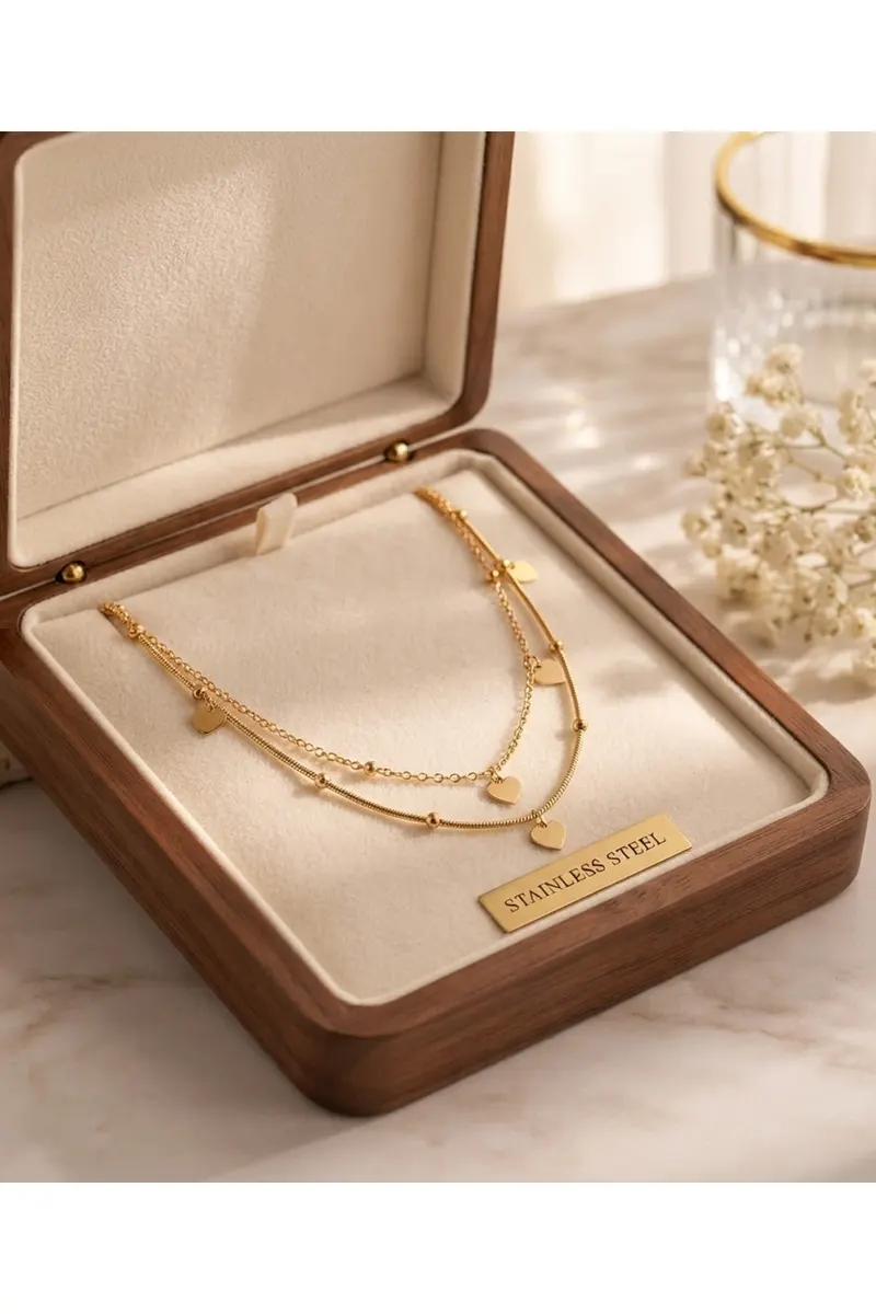 316L Çelik Zincir Gold Renk Düz-kalp Model 2'li Kolye