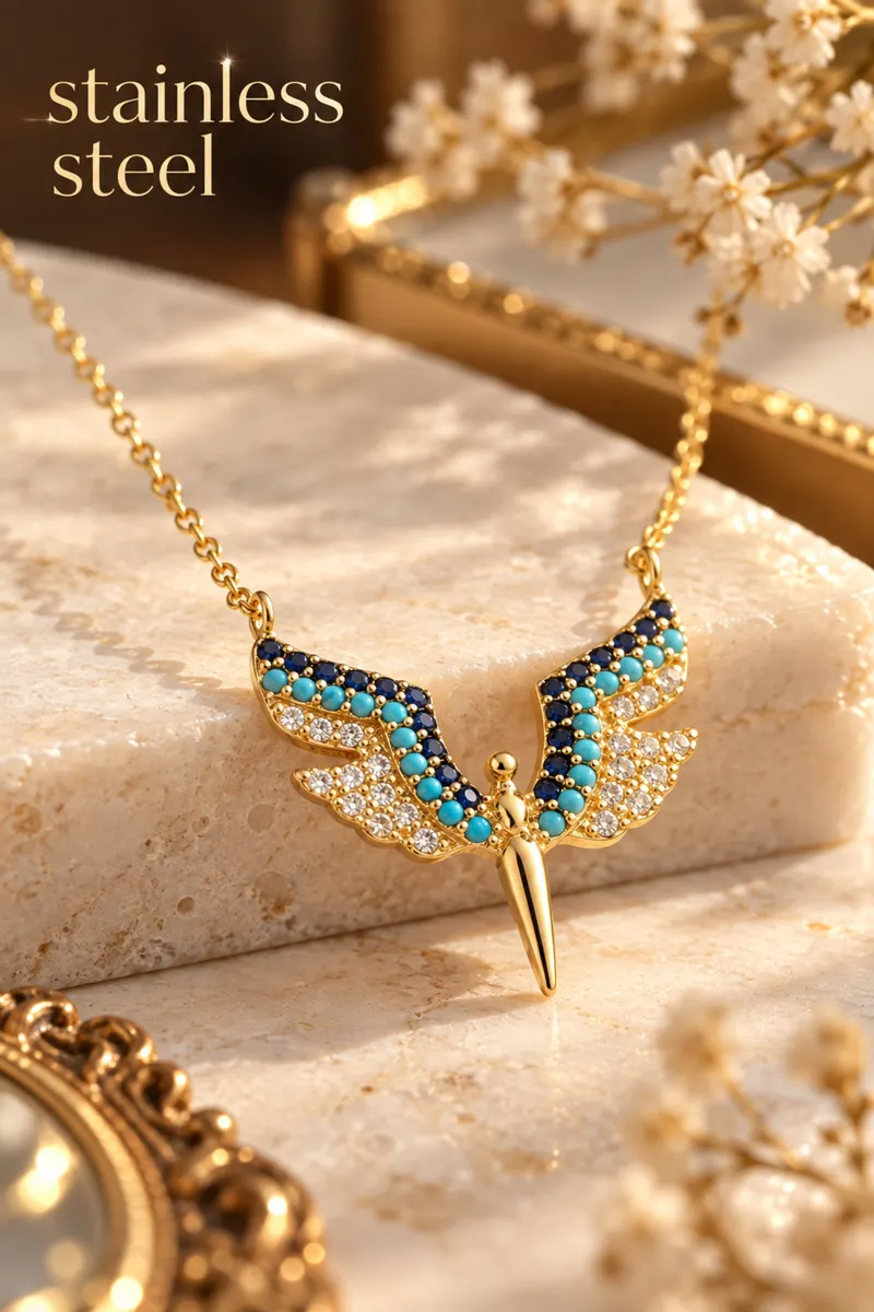 316L Gold Renk Mavi Zirkon Taşlı Melek Model Çelik Kolye