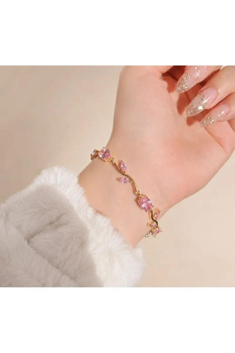 Gold Renk Pembe Renkli Zirkon Taşlı Lale Çelik Bileklik