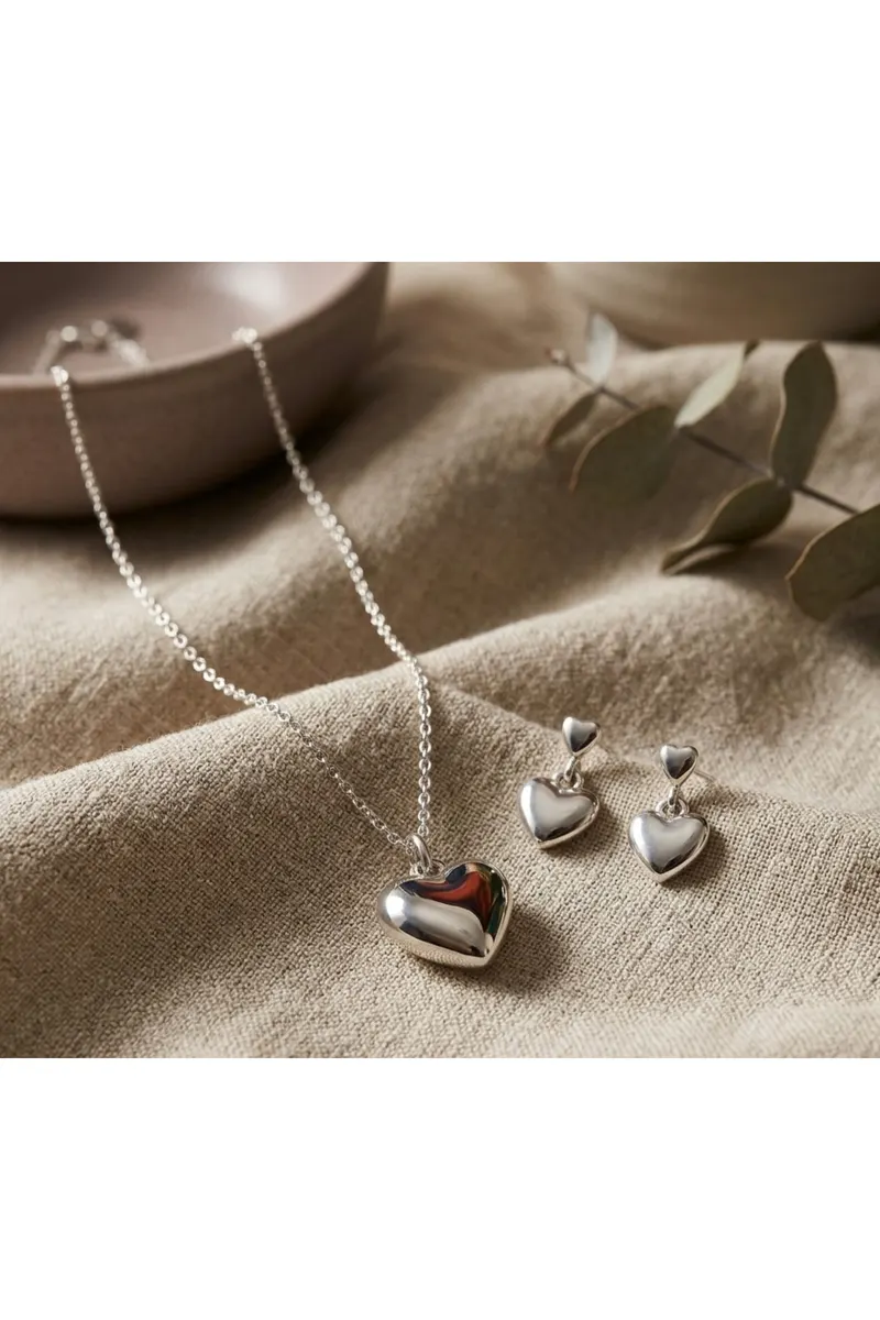 Gümüş Renk Çelik Minimal Kalp Kolye Küpe Set
